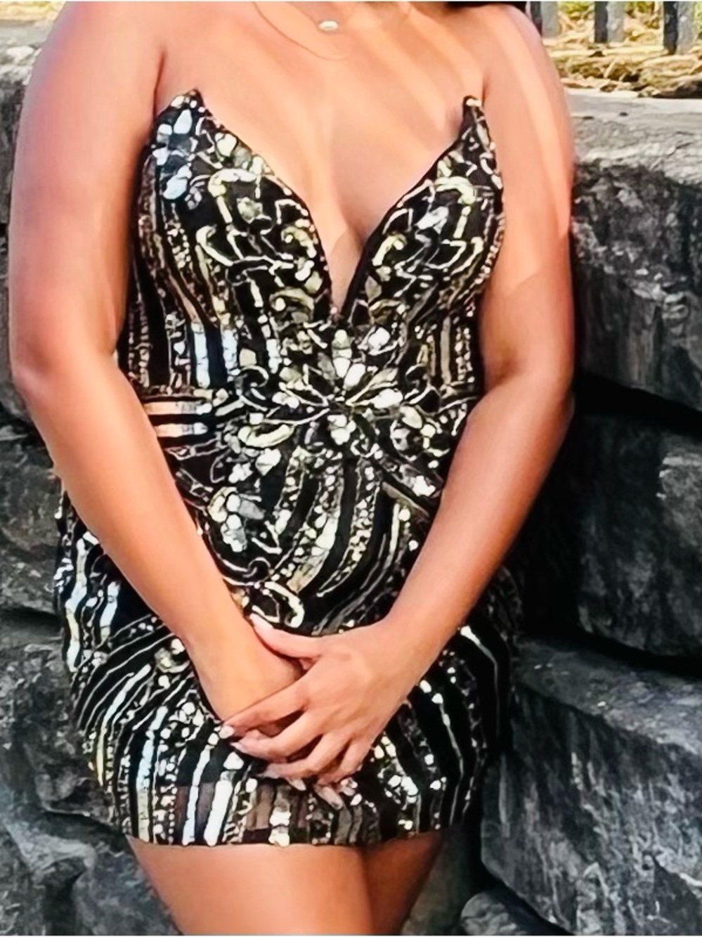 Black & Gold Sequin V-Neck Mini Dress